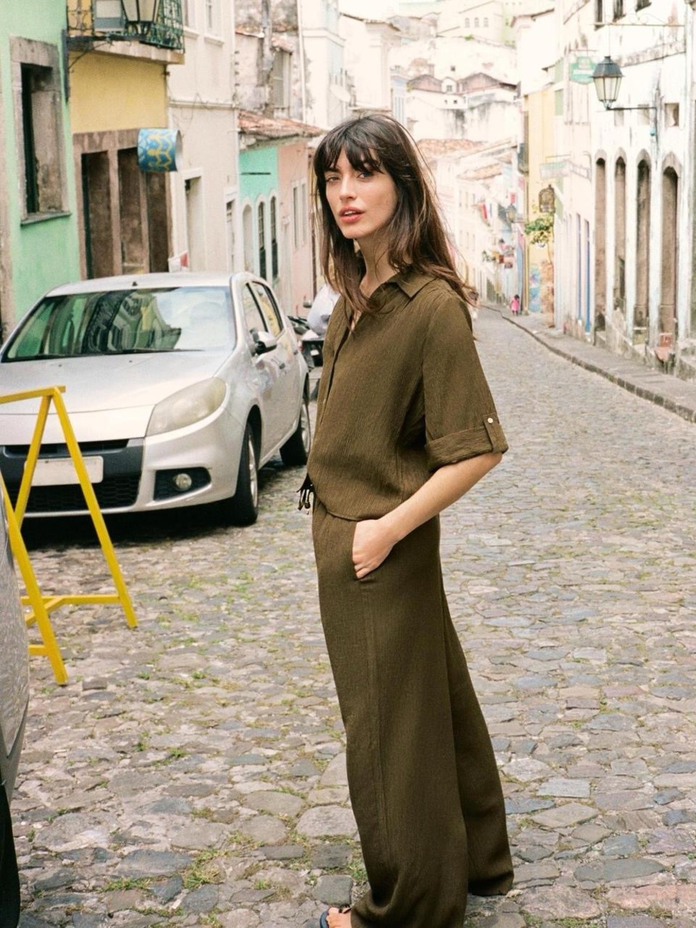 Zara Olive Green Wide-Leg Jumpsuit with Shirt Collar